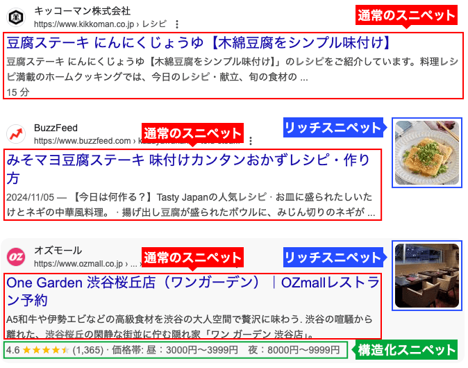 通常のスニペット　リッチスニペット　構造化スニペット